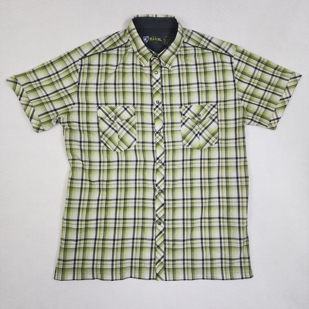 Kuhl Eluxur Hiking Shirt Mens XL Green Plaid Short Sleeve Pearl Snap Outdoor